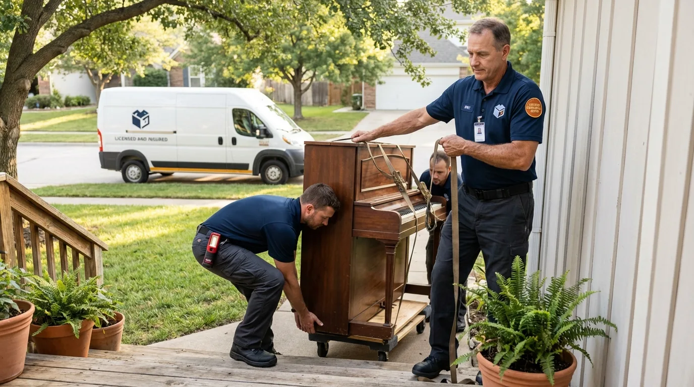 Licensed piano movers securing grand piano in Abita Springs, LA