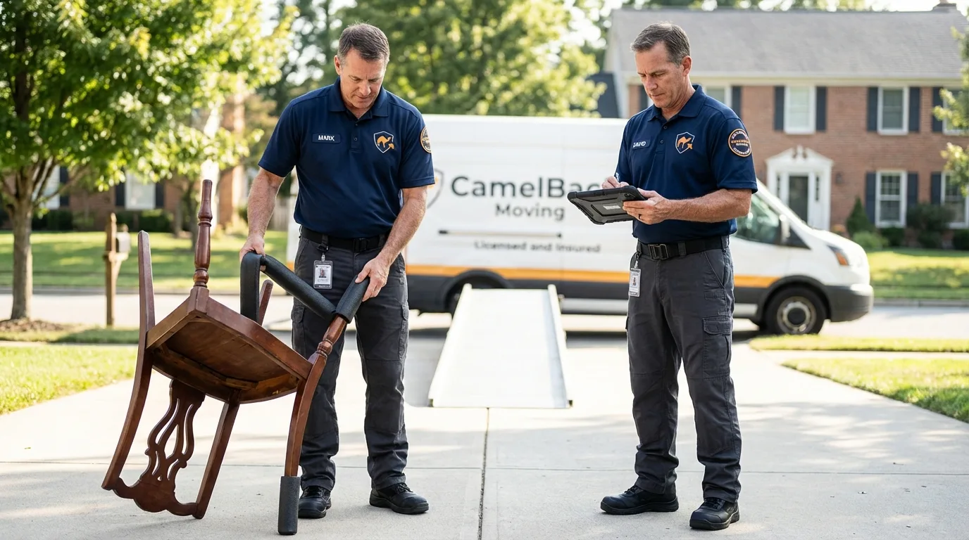 Movers inspecting furniture for damage prevention before loading in Abita Springs, LA