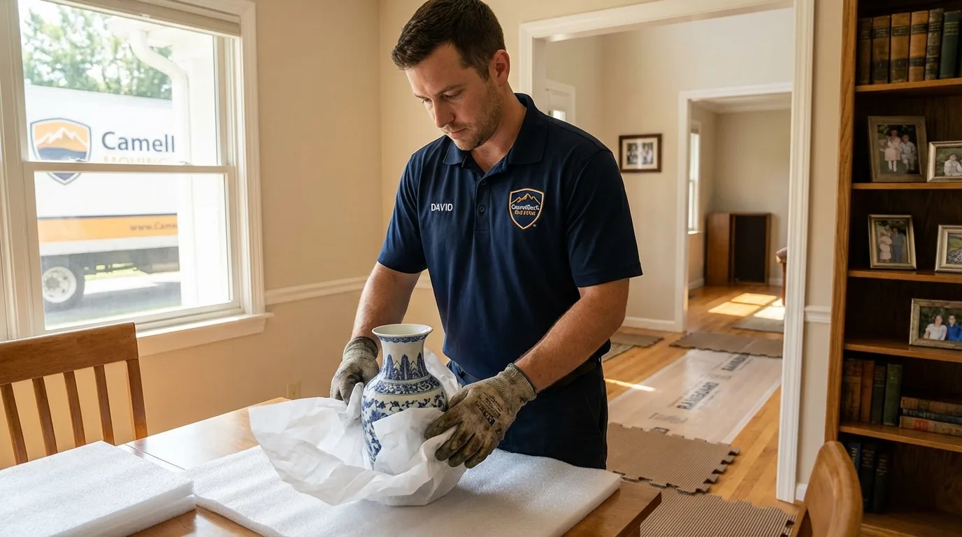 Professional crew carefully wrapping antique vase for senior downsizing move in Abita Springs, LA